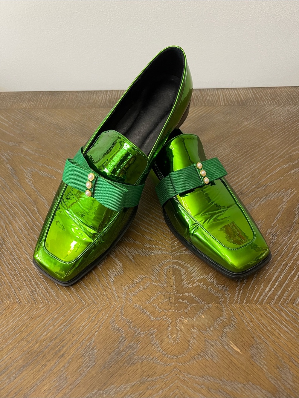 Metallic Green Loafers with Ribbon  and Pearl Detail. Women’s 11.